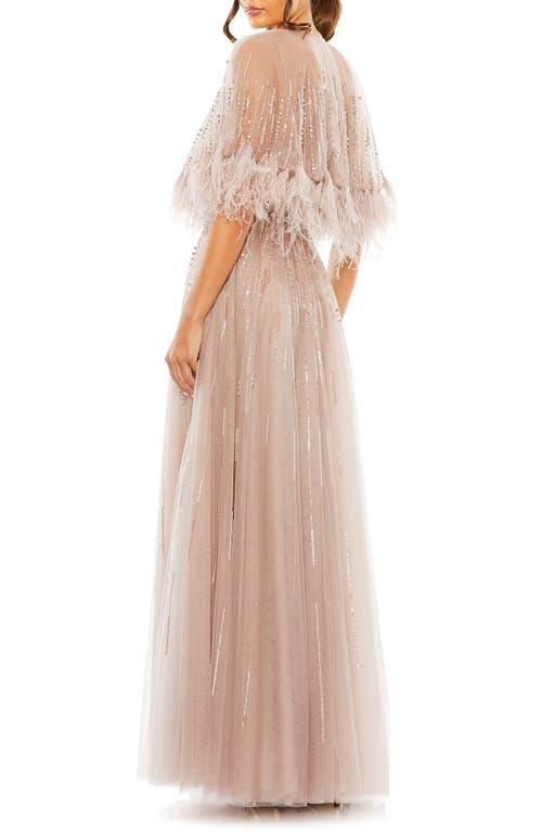 Embellished A Line Dress With Feather Detail Cape In Mocha Product Image