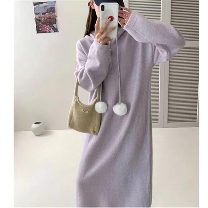 Long Sleeve Plain Pom Pom Hooded Half Zip Midi Loose Fit Sweater Dress Product Image