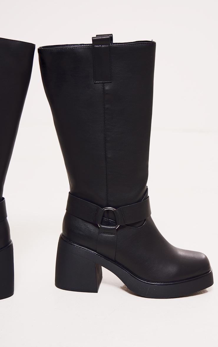 Black Faux Leather Square Toe Buckle Chunky Heeled Thigh High Boots Product Image