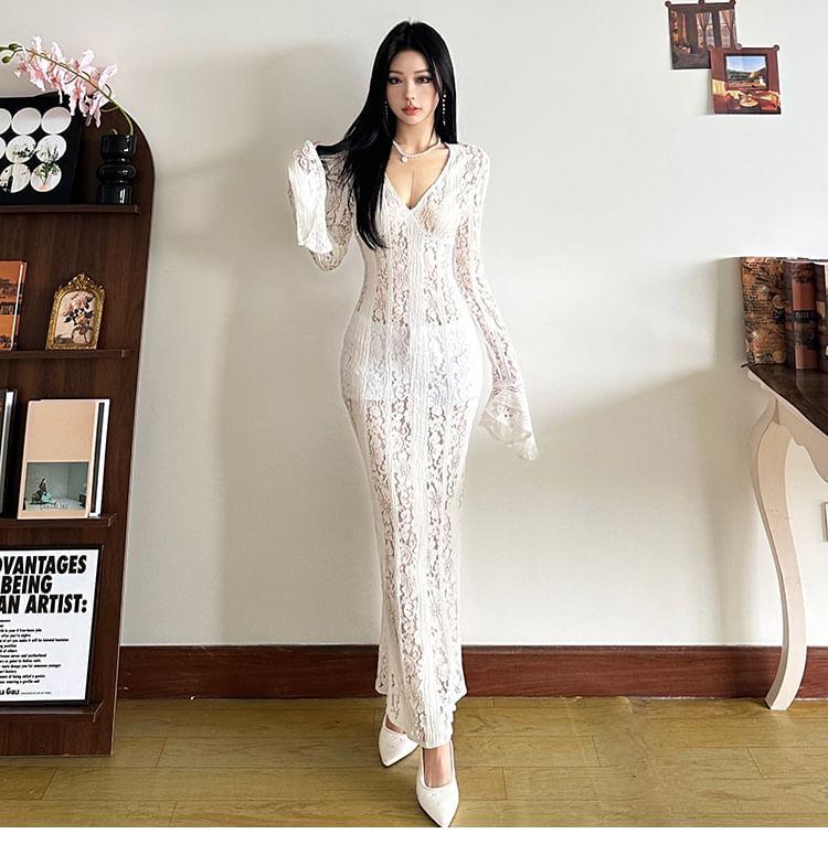 Long Sleeve V-Neck Lace Mermaid Maxi Dress Product Image