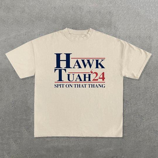 Vintage Hawk Tuah Letters Graphic Cotton T-Shirt Product Image