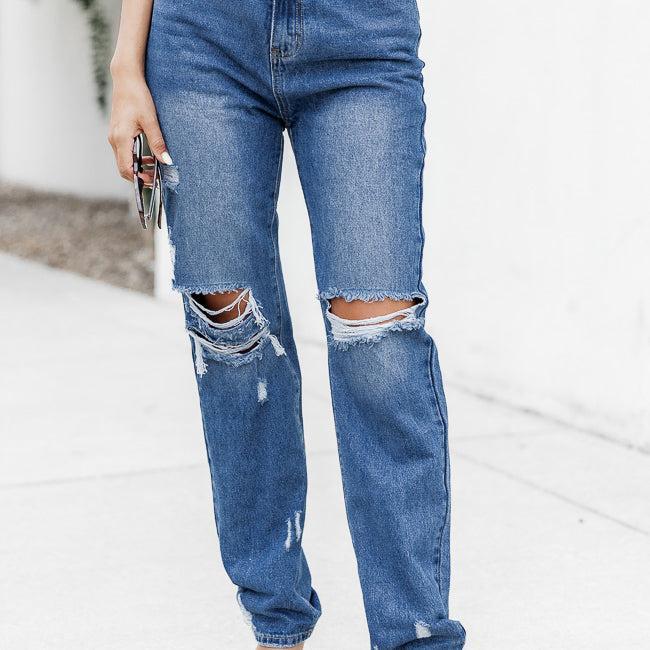 Keeley Dark Wash Distressed Straight Leg Jeans FINAL SALE Product Image