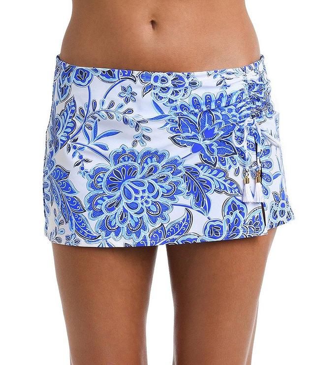 La Blanca Beyond The Pacific Printed High Waist Cinched Tie Side Detail Tassel Charm Skirt Swim Bottom Product Image