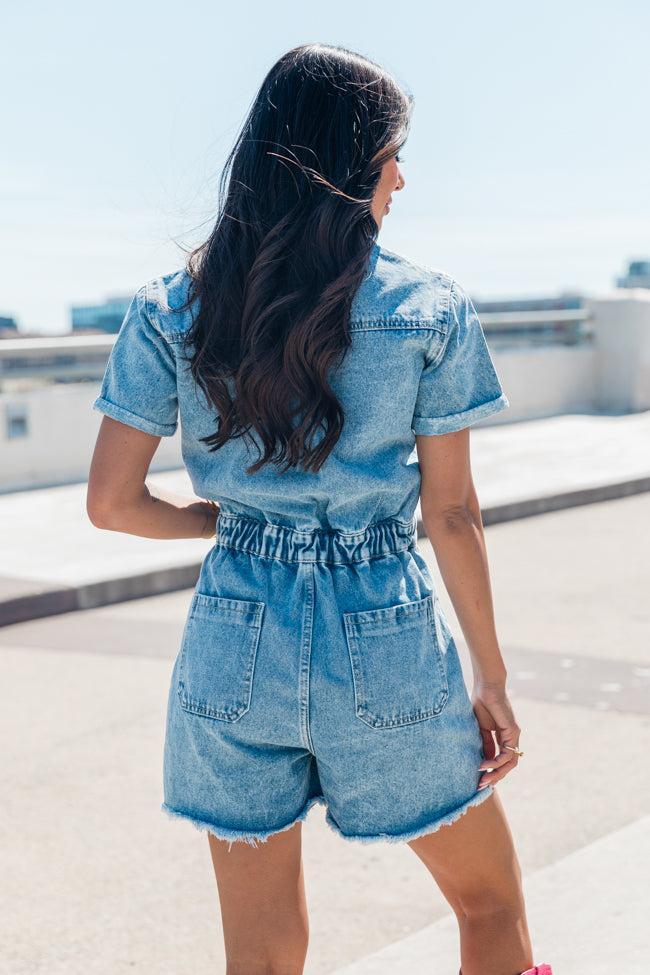 Riding Around Medium Wash Denim Raw Hem Romper Product Image