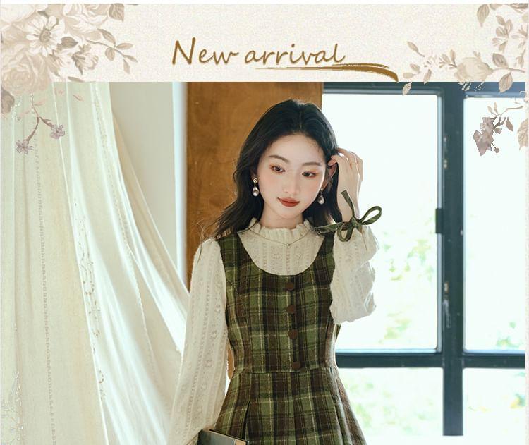 Long Sleeve Stand Collar Plaid Mock Two Piece Midi A-Line Dress Product Image