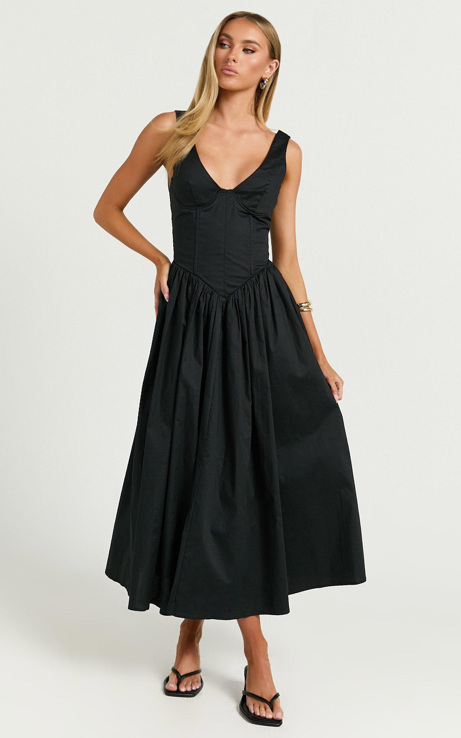 Beckett Midi Dress - Scoop Neck Drop V Waist Gathered Skirt Dress in Black Product Image