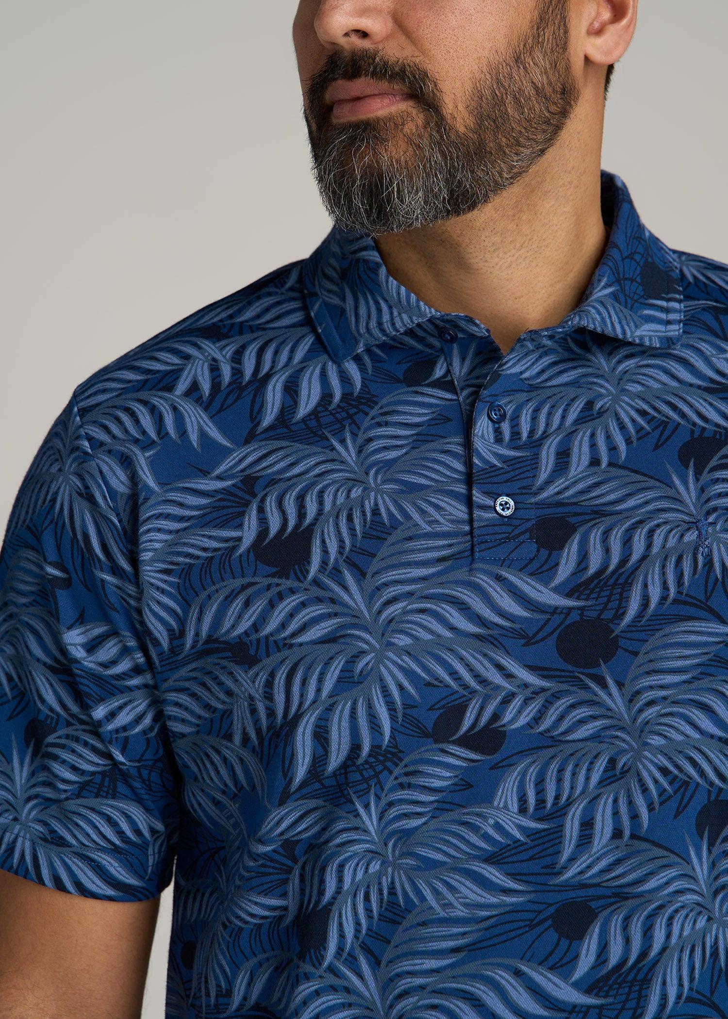 Cotton Stretch Print Polo Shirt for Tall Men in Blue Palm Product Image