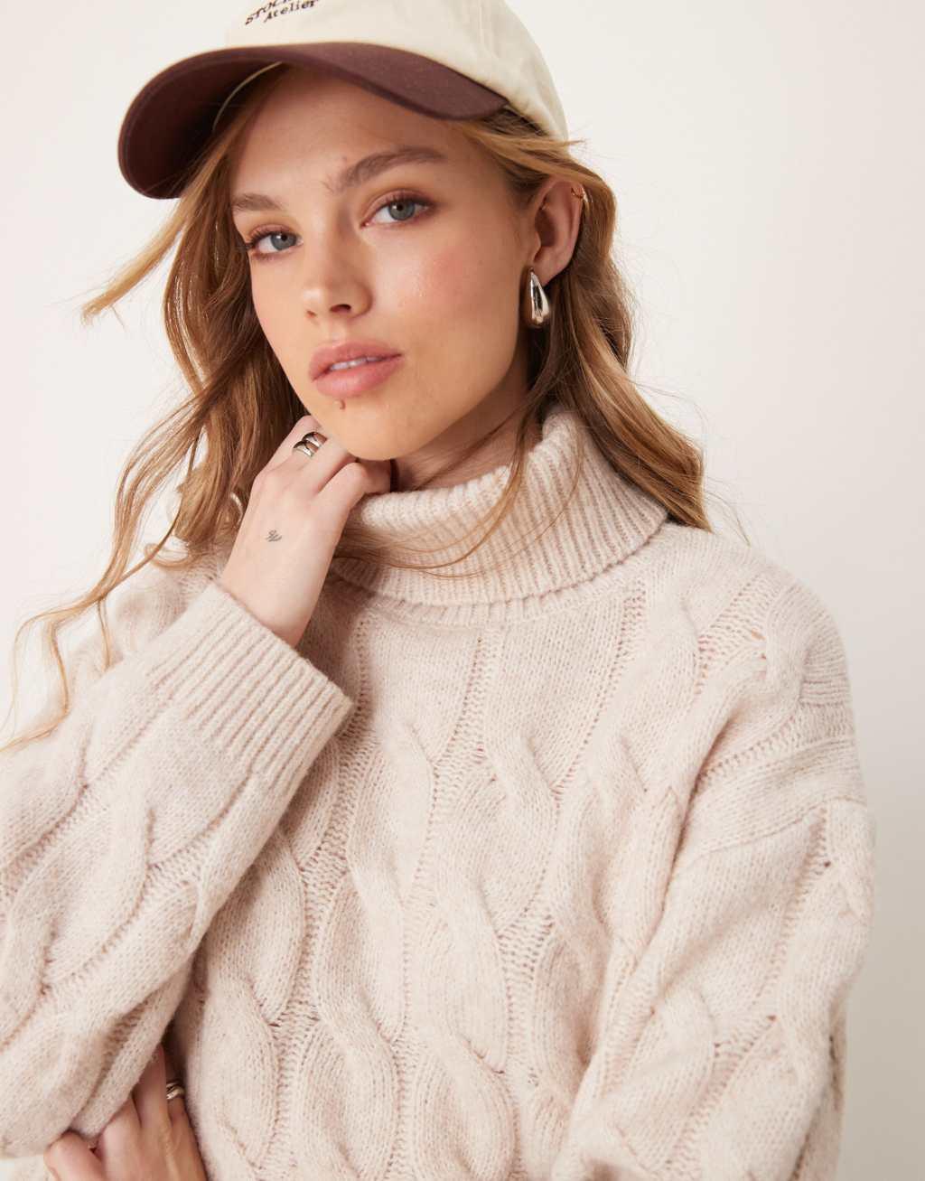 Miss Selfridge cable high neck cozy knit sweater in oatmeal Product Image