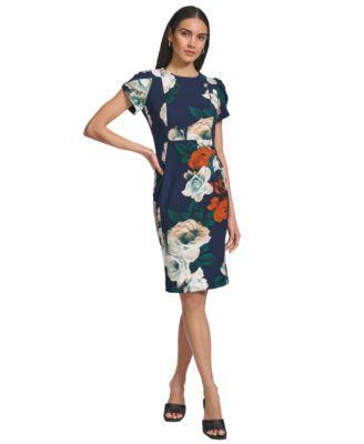 Women's Floral Tulip-Sleeve Jewel-Neck Dress Product Image