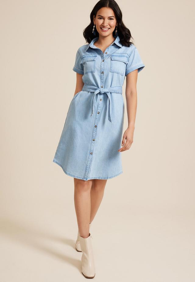 Denim Tie Waist Mini Shirt Dress Product Image