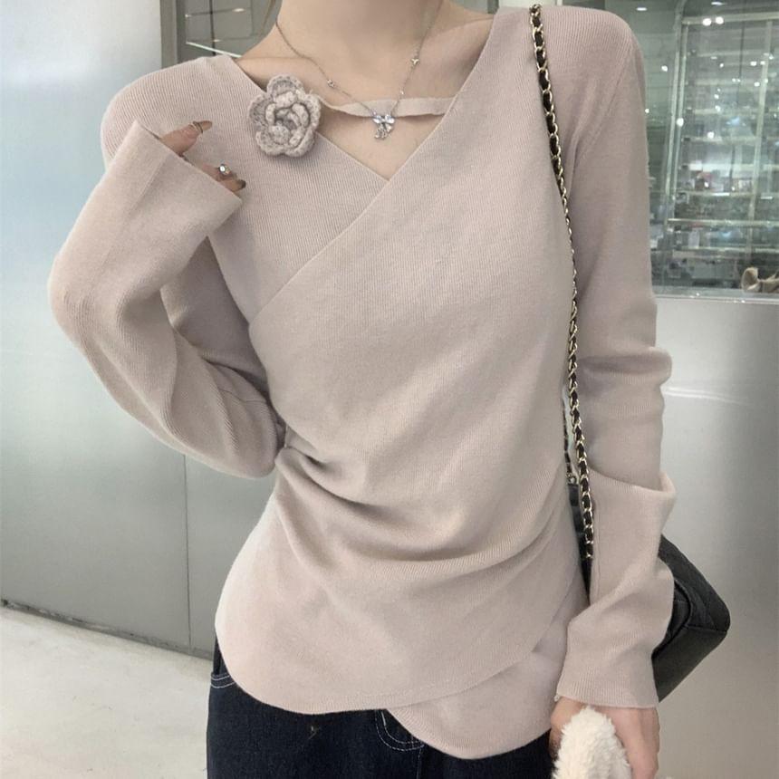 Long Sleeve V-Neck Plain Flower Detail Ruched Knit Wrap Top Product Image