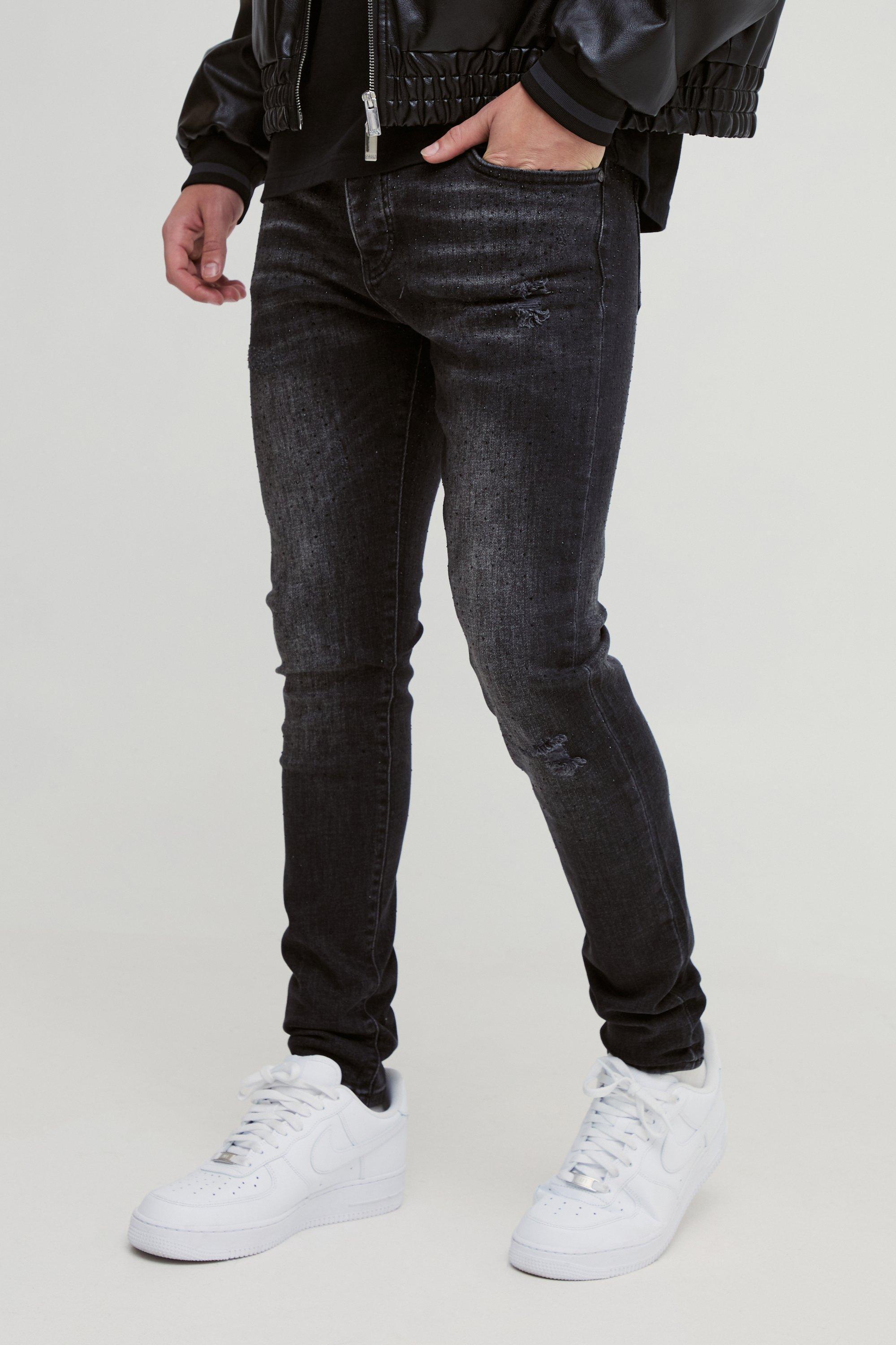 Skinny Stretch Rhinestone Denim Jeans | boohooMAN USA product image