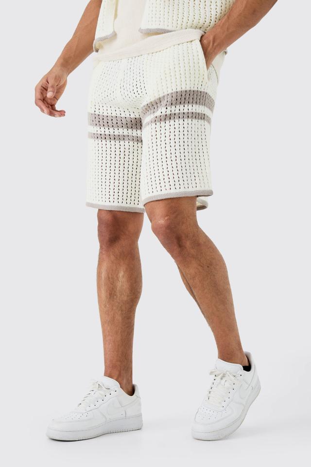 Relaxed Open Stitch Statement Stripe Knitted Short | boohooMAN USA Product Image