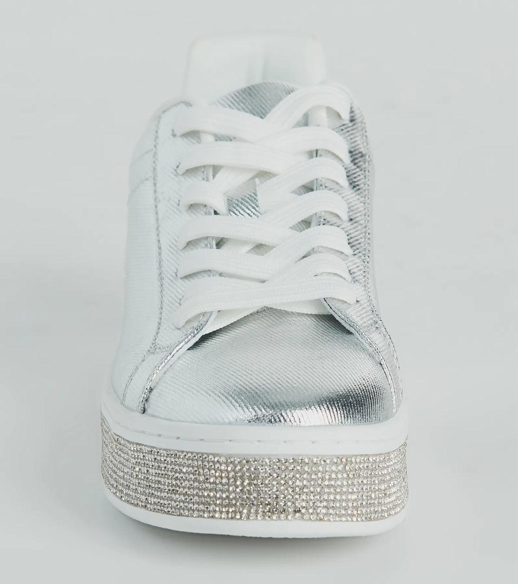 Playful Shimmer Rhinestone Trim Platform Sneakers Product Image