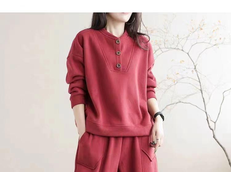 Set: Half Buttoned Plain Hoodie + Harem Pants Product Image