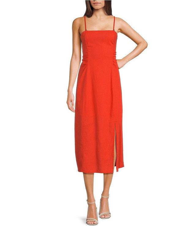 Sam Edelman Merisa Linen Blend Square Neck Sleeveless Cutout Back Side Slit A-Line Midi Dress Product Image