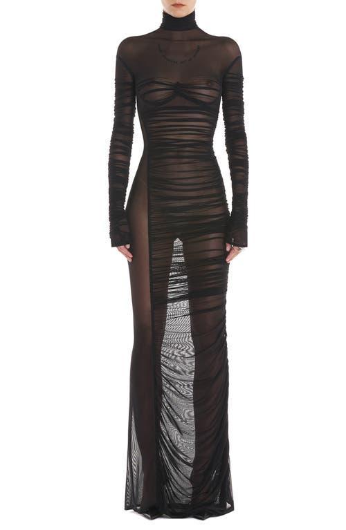 MUGLER Ruched Sheer Long Sleeve Turtleneck Dress Product Image