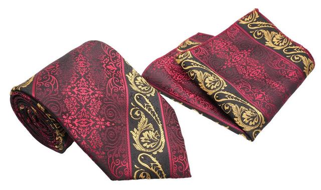 Red Black Gold Jacobean Pattern Men's Classic Tie and Pocket Square Set Product Image