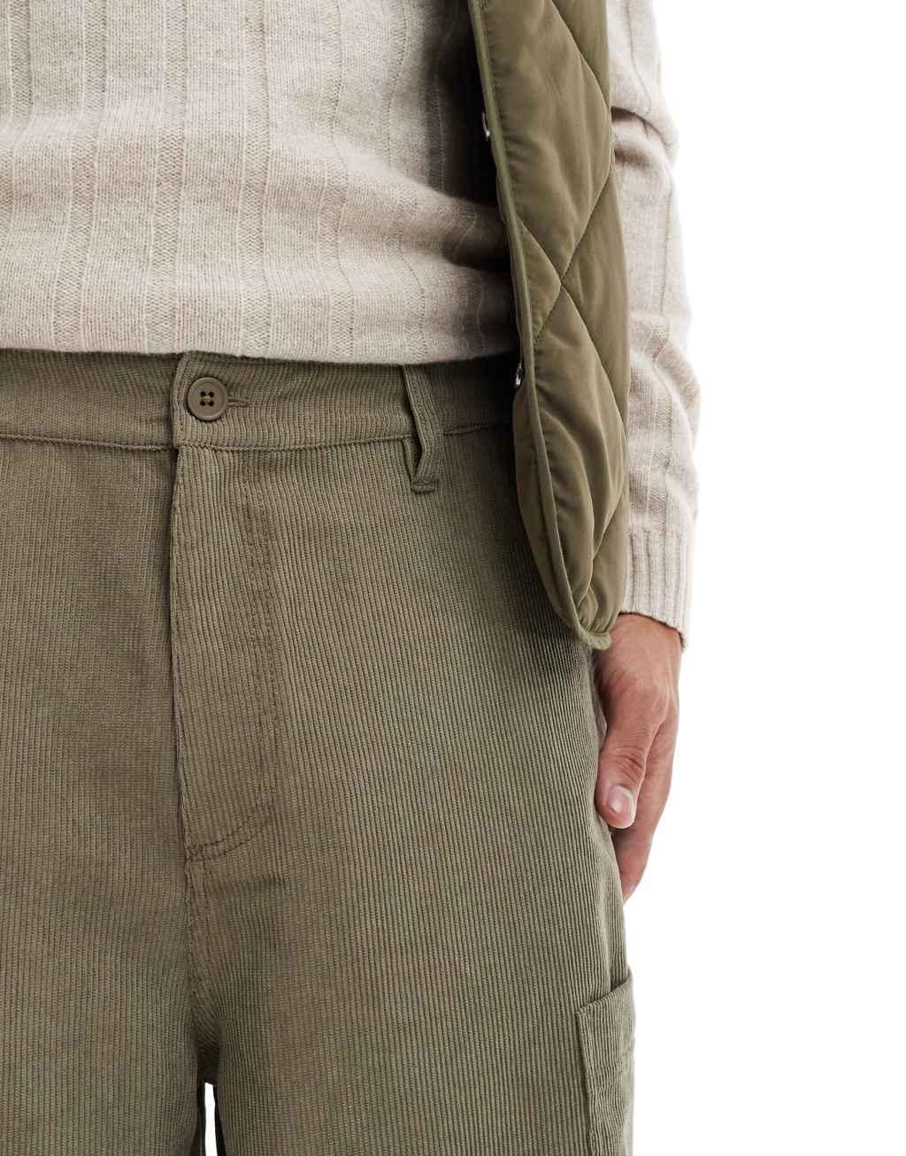 ASOS DESIGN super baggy corduroy cargos in green wash Product Image