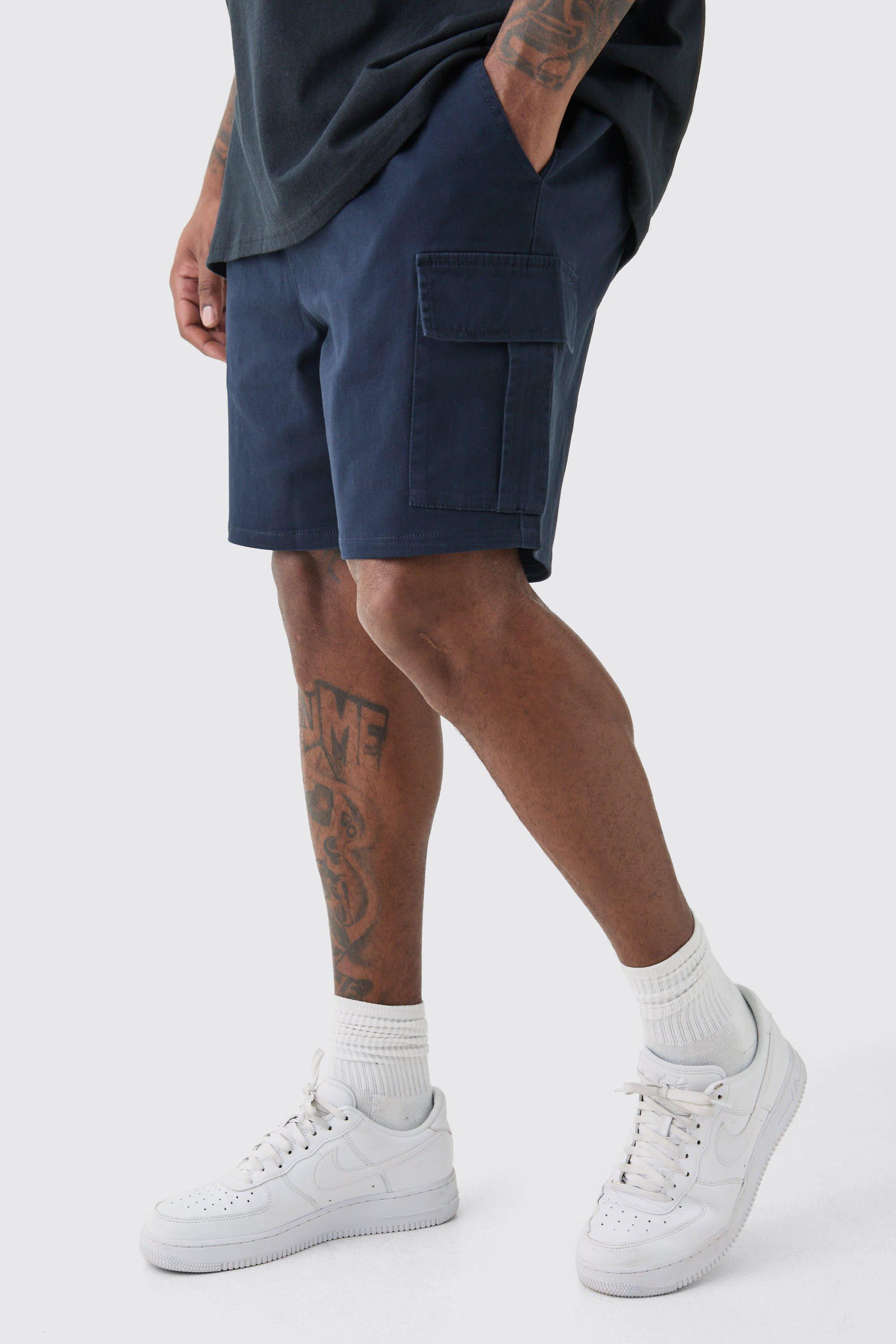 Plus Elasticated Waist Navy Slim Fit Cargo Shorts | boohooMAN USA Product Image