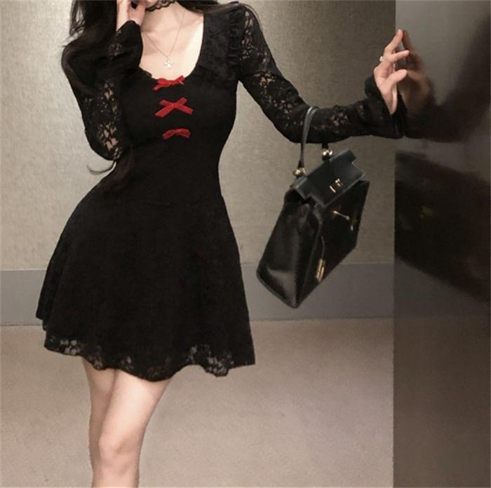 Long Sleeve Scoop Neck Ruffle Trim Lace Mini A-Line Dress Product Image