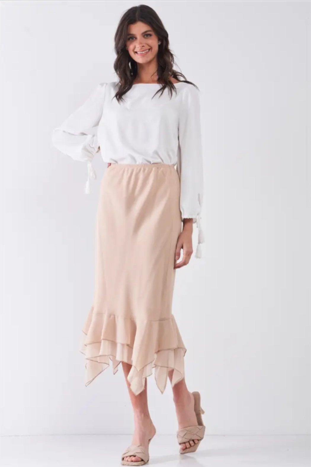 High-Waisted Fitted Asymmetrical Flare Hem Midi Pencil Skirt Female Product Image