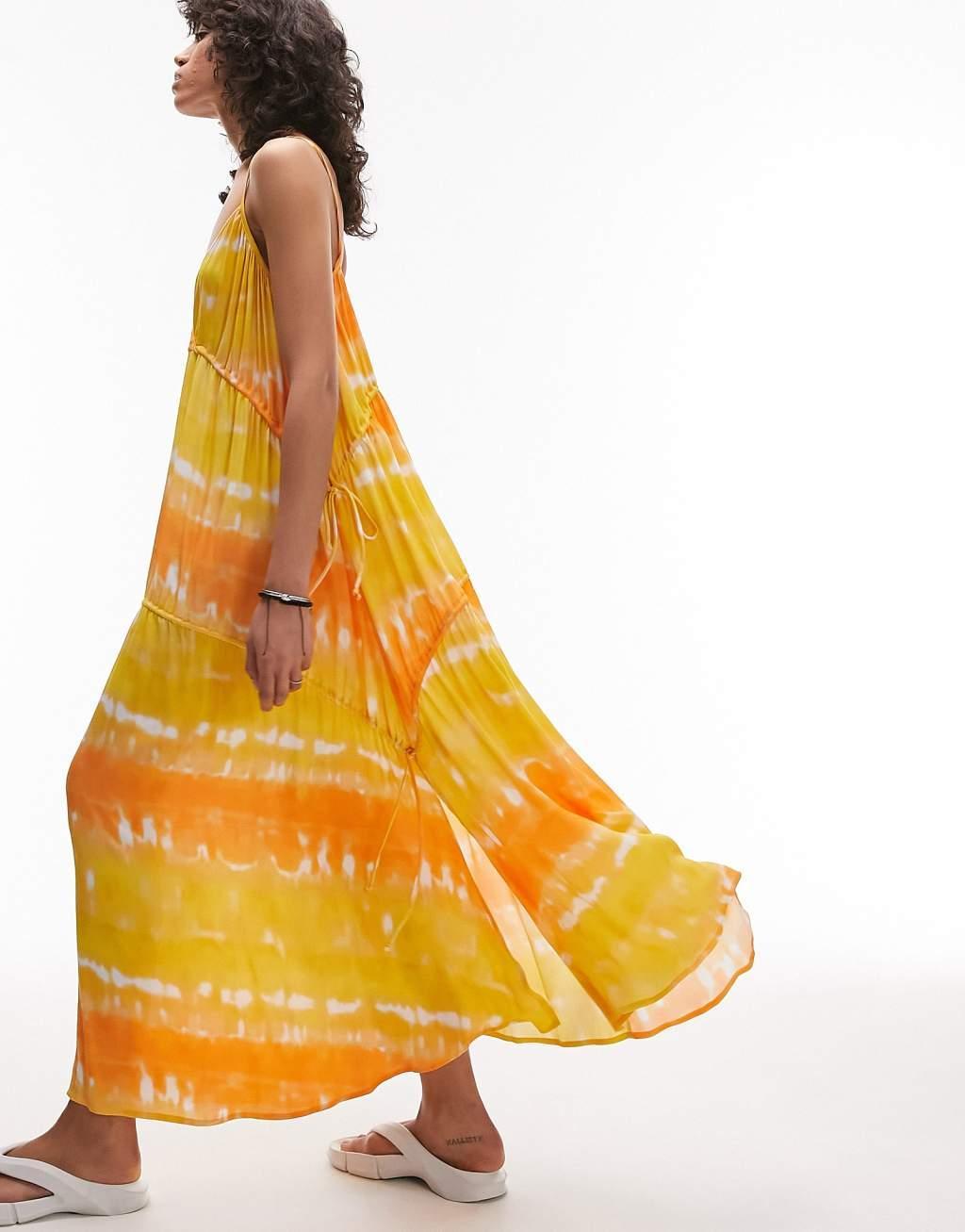 Topshop ruche tie side maxi beach dress in orange and yellow Product Image