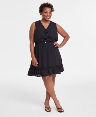 Plus Size Solid Sleeveless Tie-Front Elastic-Waist Tiered Dress, Created for Macy's Product Image