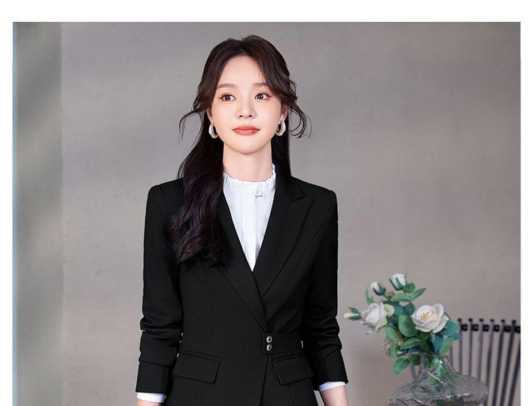 Peak Lapel Plain Single-Breasted Blazer / Long-Sleeve Bow Shirt / High Waist Pencil Skirt / Straight Leg Slacks Product Image