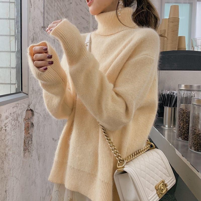 Turtleneck Drop Shoulder Plain Fluffy Oversized Sweater Product Image