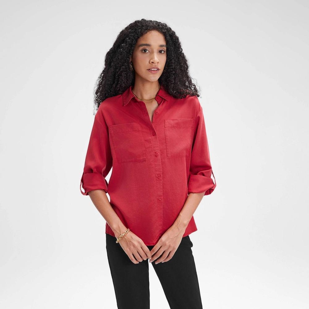 Womens Long Sleeve Button-Down Shirt - A New Day Red XS Product Image