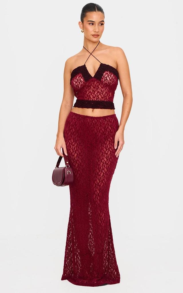 Burgundy Textured Lace Maxi Skirt Product Image