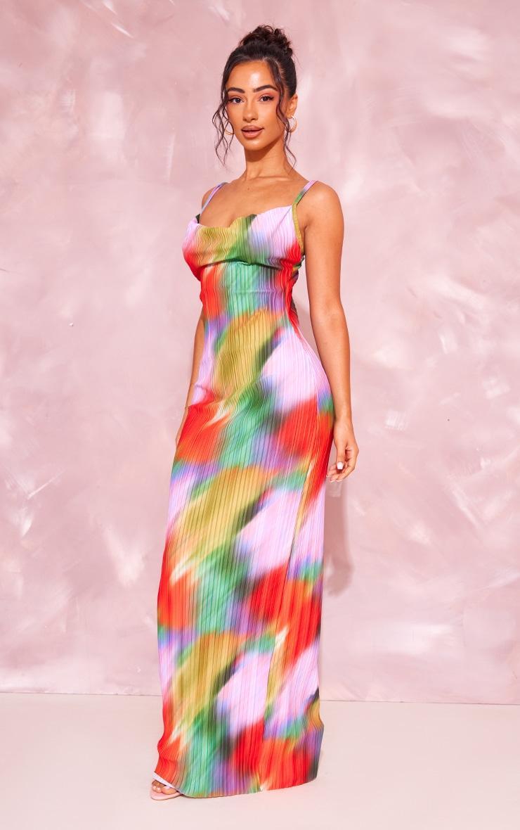 Petite Multi Printed Plisse Cowl Neck Maxi Dress Product Image