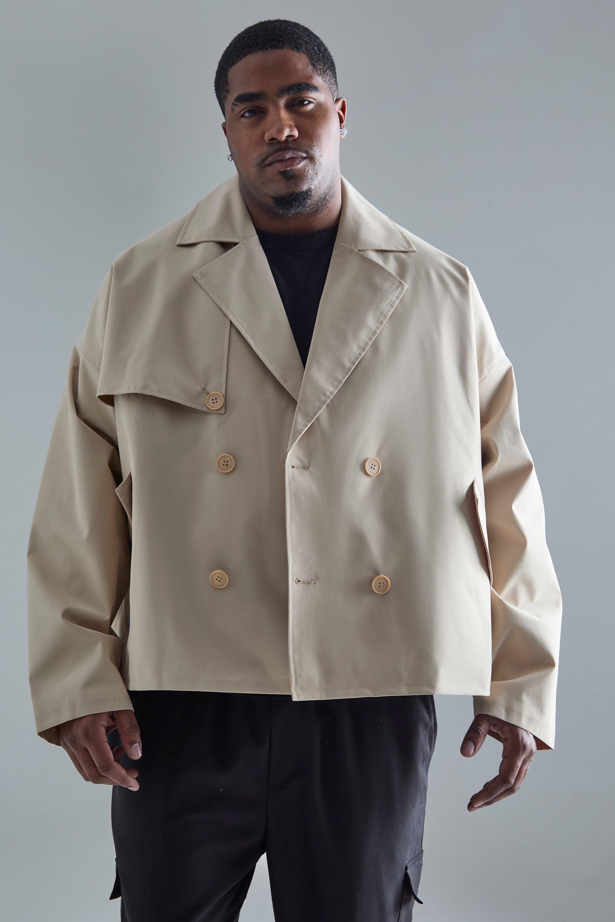 Mens Beige Plus Cropped Double Breasted Trench Coat, Beige Product Image