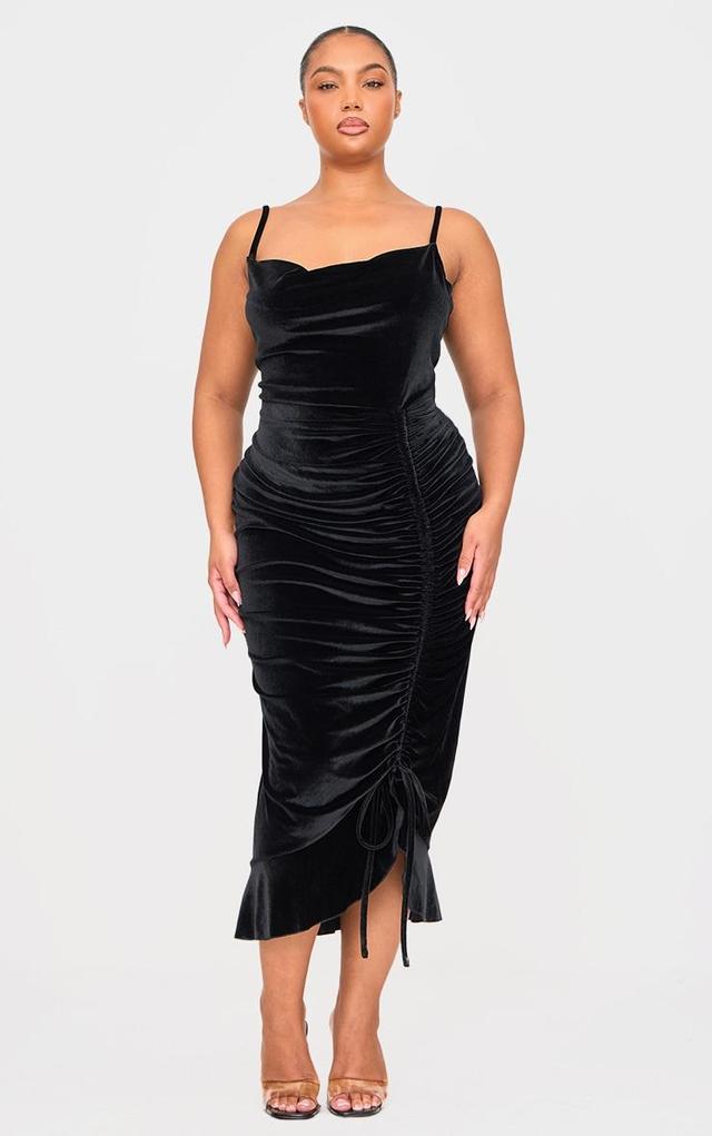 Plus Black Ruched Front Satin Midaxi Dress Product Image