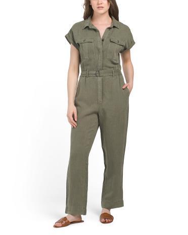 Linen Blend Jumpsuit With Chest Pockets And Tie Front For Women Product Image