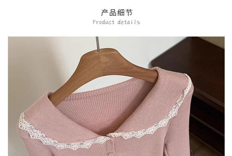 Long-Sleeve Collar Ribbed Lace Trim Button Knit Top Product Image