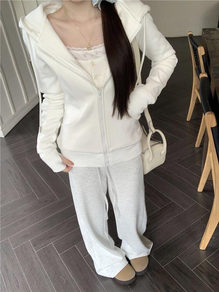 Plain Zip-Up Hoodie / Drawstring Waist Wide Leg Sweatpants Product Image