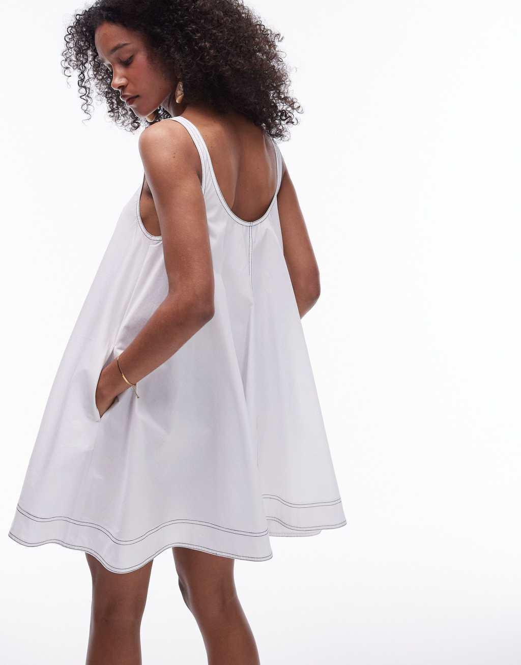 Topshop poplin trapeze mini dress with topstitch detail in white Product Image