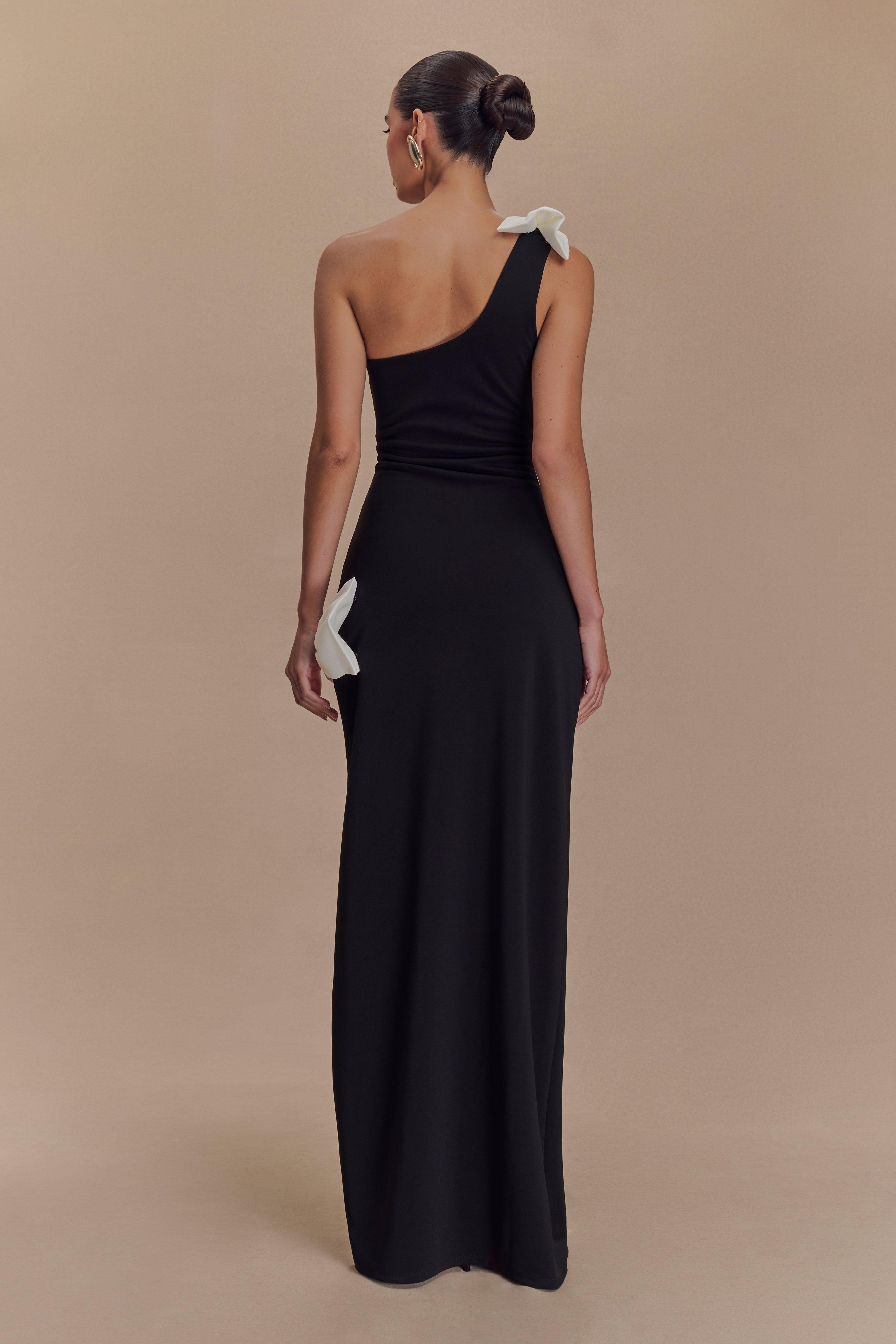 Hallie One Shoulder Bow Maxi Dress - Black/White Product Image