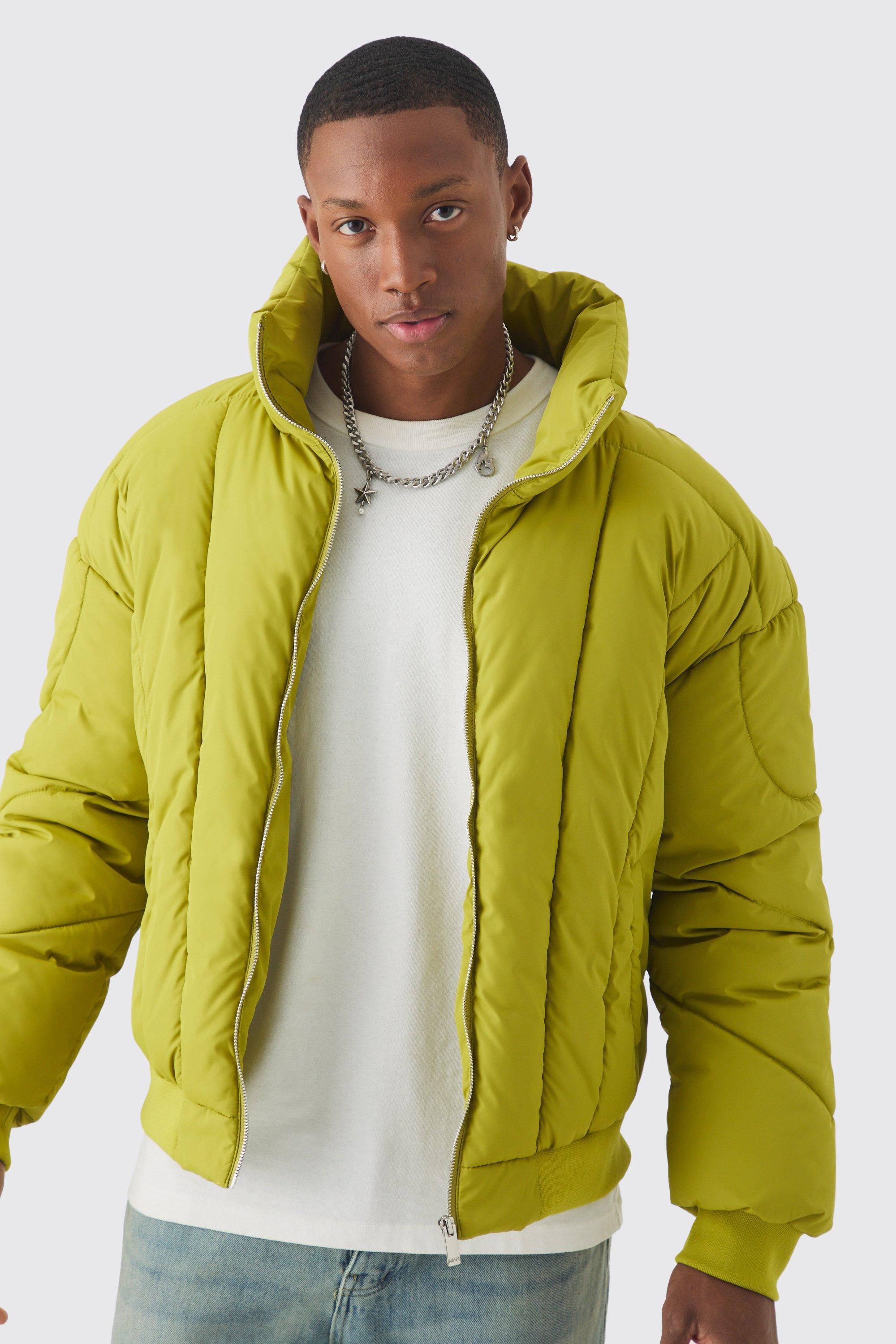 Boxy Abstract Quilted Funnel Neck Puffer In Lime | boohooMAN USA product image