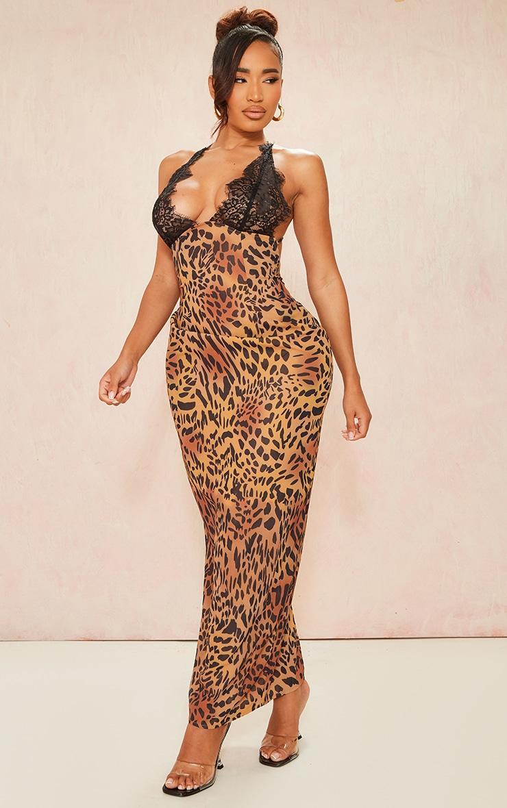 Shape Brown Leopard Printed Woven Lace Cup Detail Maxi Dress Product Image