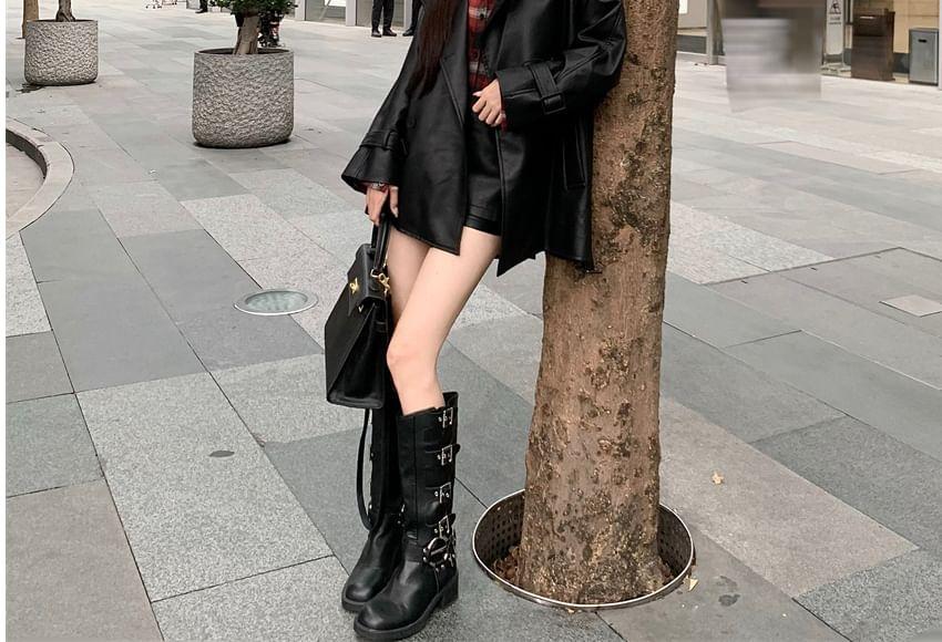 Faux-Leather Loose-Fit Jacket / Faux-Leather Skort / Long-Sleeve Plaid Shirt / Cropped Tank Top Product Image