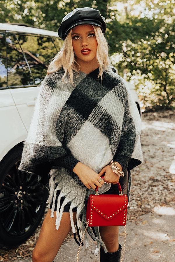 Cozy Debut Plaid Poncho In Charcoal Product Image