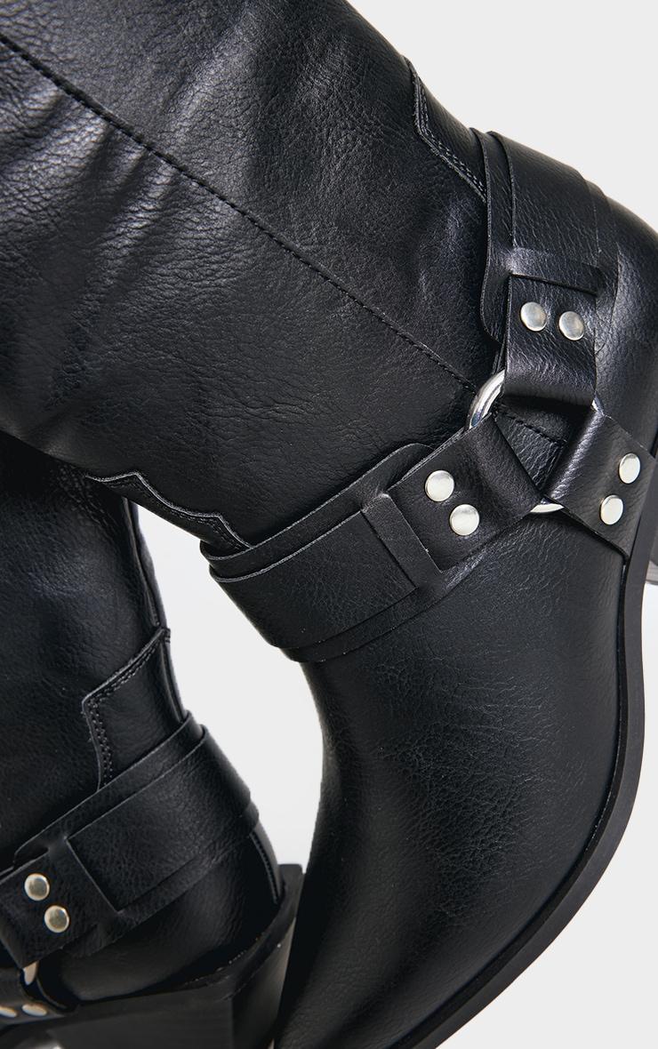 Black Burnished PU Point Toe Buckle Harness Detail Knee High Western Boots Product Image