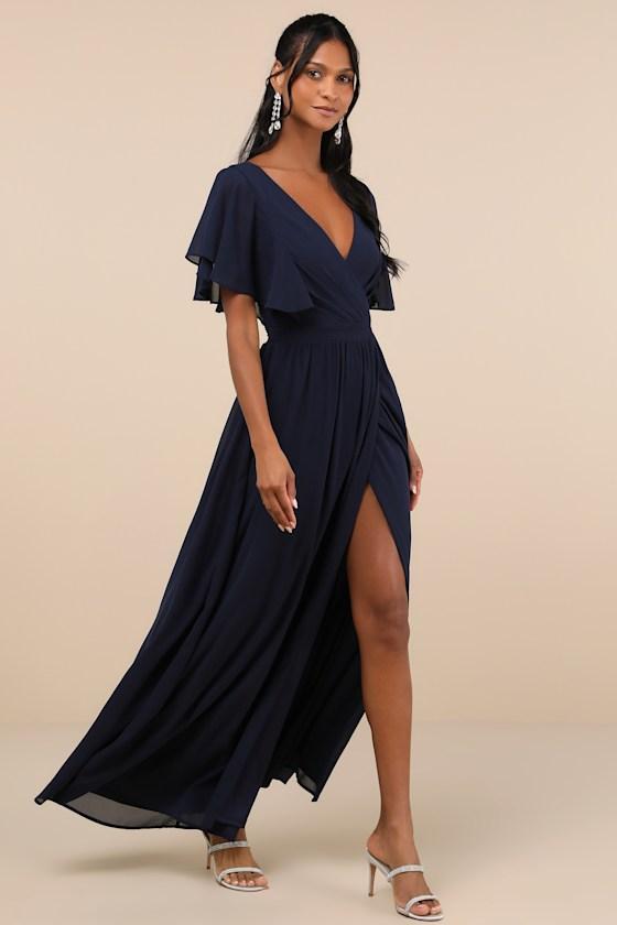 Convincing Grace Navy Blue Flutter Sleeve Wrap Maxi Dress Product Image