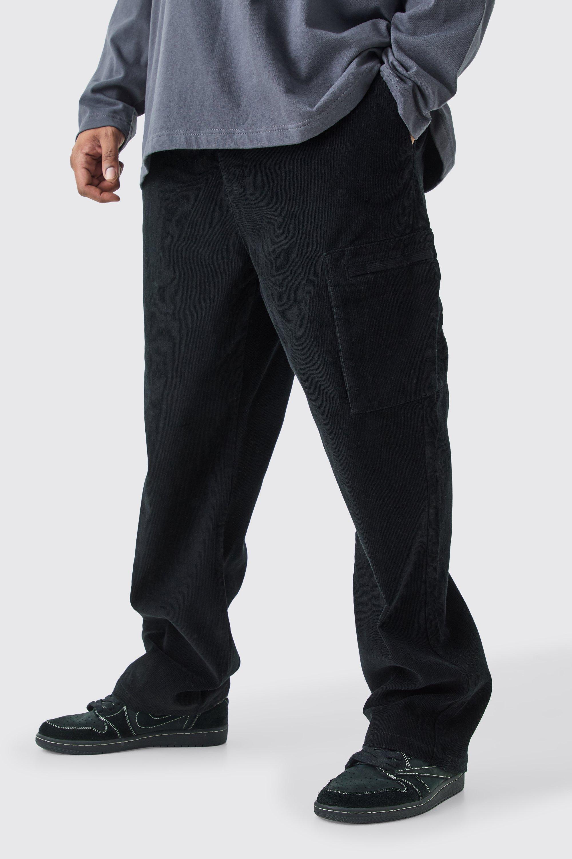 Mens Black Plus Fixed Waist Cord Straight Leg Cargo Trouser, Black Product Image