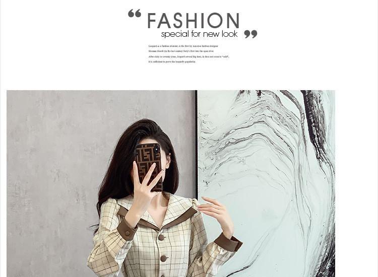 Long-Sleeve Collared Plaid Midi A-Line Dress Product Image