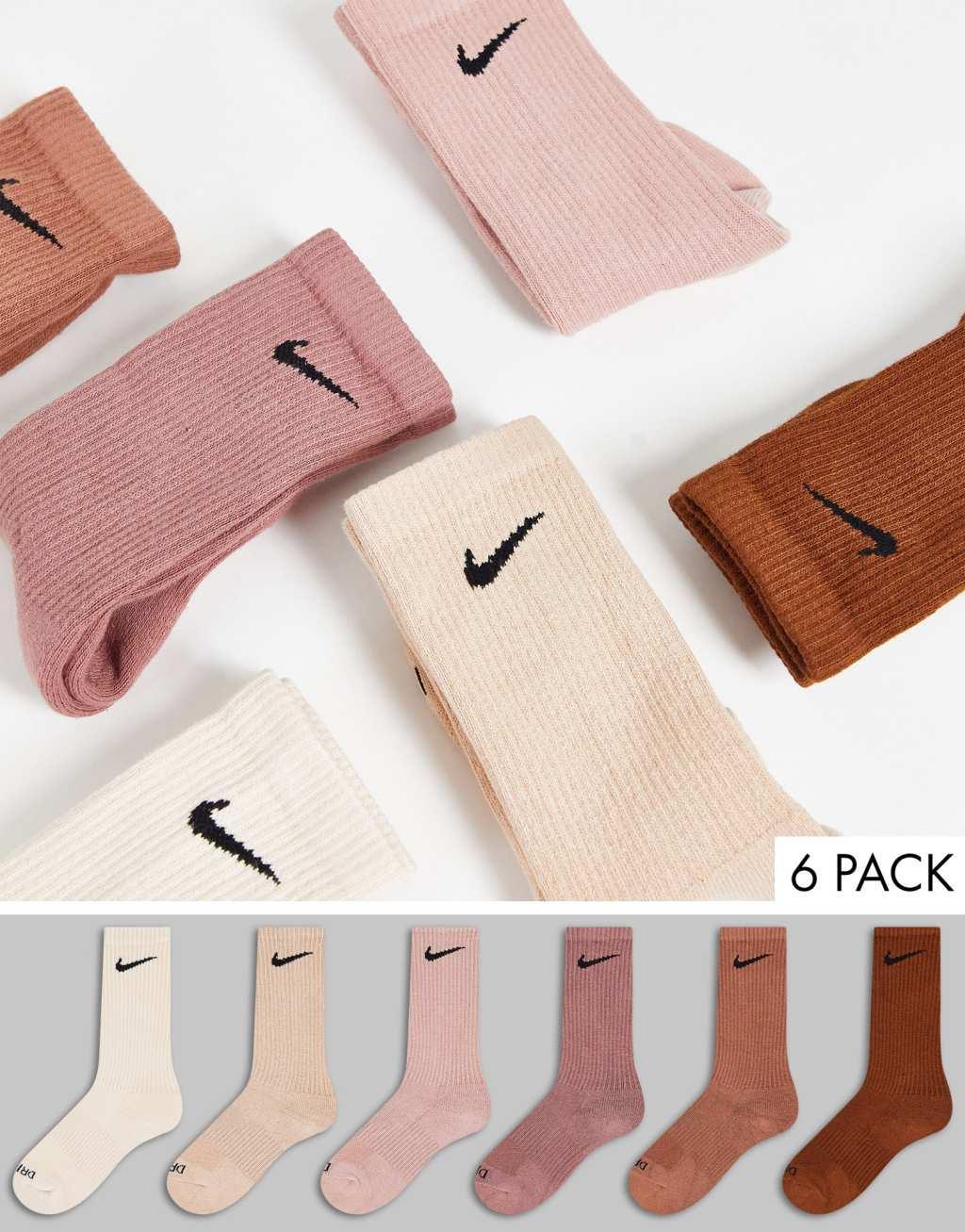 Nike Training Everyday Plus Cushioned 6 pack crew socks in beige and brown Product Image