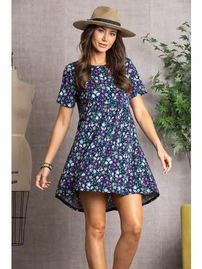 Navy Floral Short Sleeve Dress Female Product Image